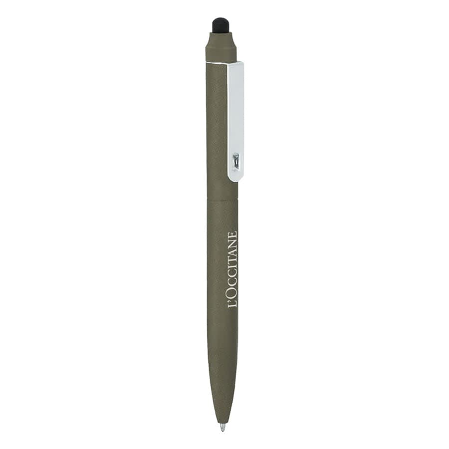 A metal ballpoint pen in olive green with a stylus tip and a logo on the barrel.