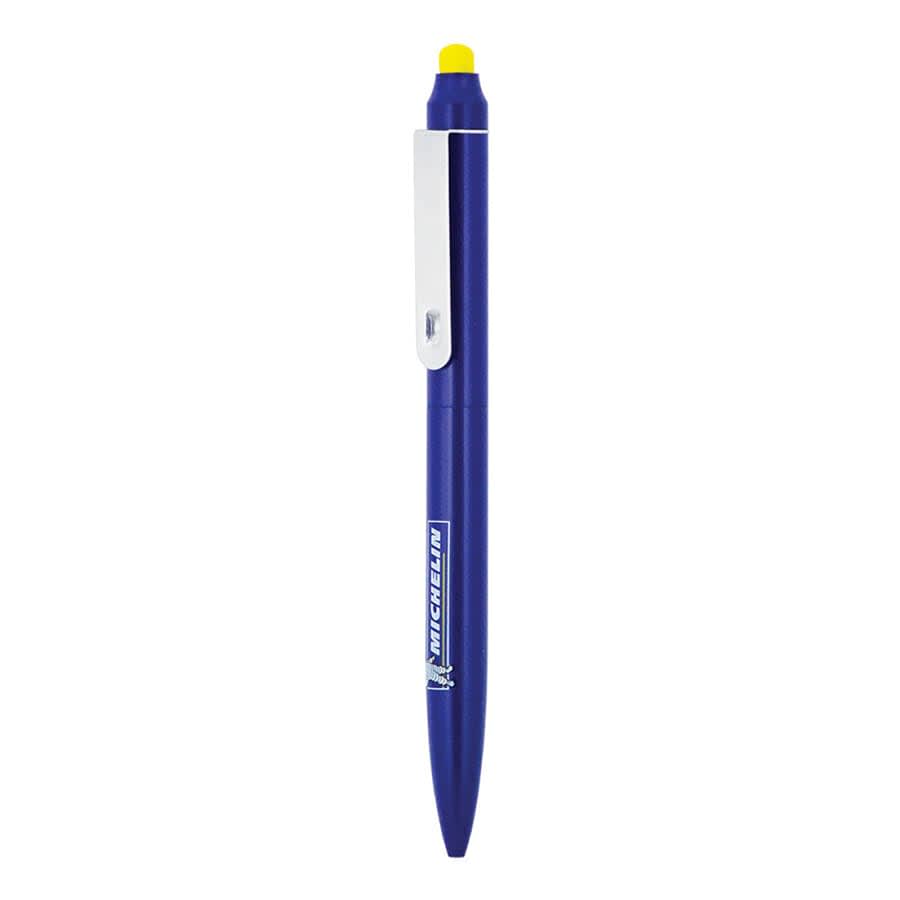 A blue metal ballpoint pen with a stylus tip and a clip, featuring a logo on the barrel.
