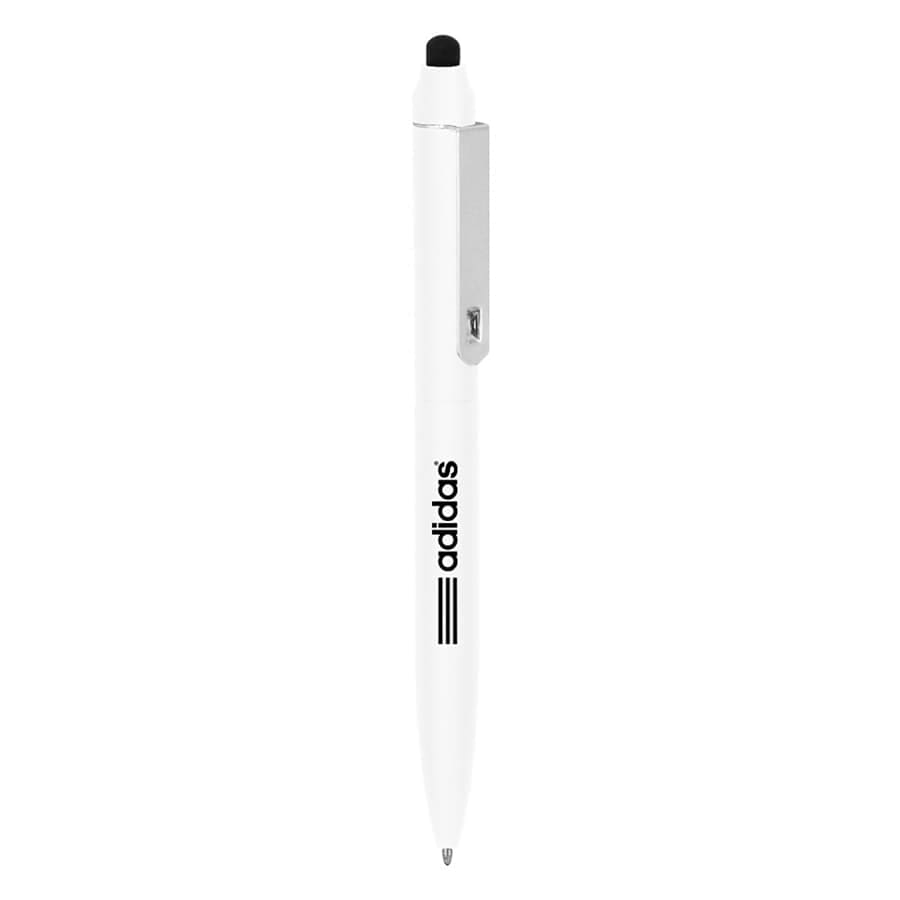 A metal ballpoint pen in white with a clip and stylus tip, featuring a logo.