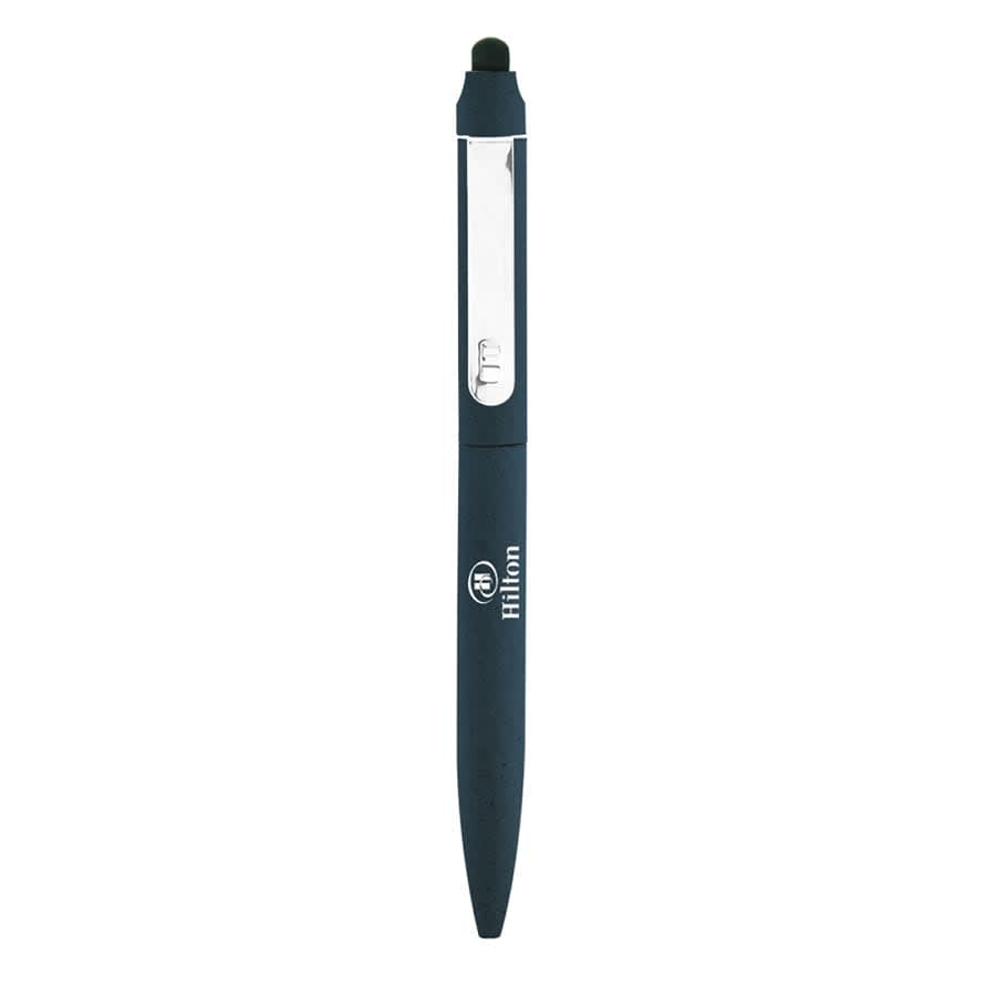 A blue metal ballpoint pen with a twist mechanism and a stylus tip, featuring a chrome clip and branding.