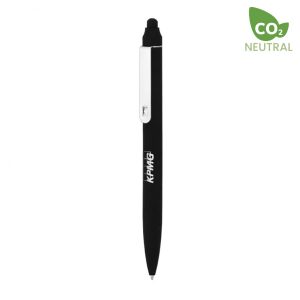 A black stylus pen featuring a clip and a rounded tip, with a logo on its side.