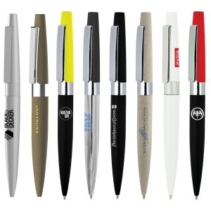 A collection of eight metal ballpoint pens in various colours, featuring a logo on some models.