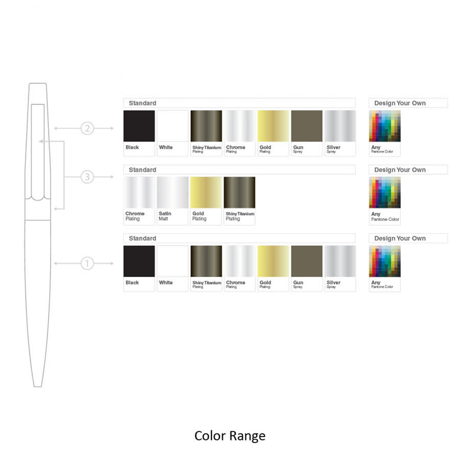 A selection chart featuring the BND77 PERI twist metal ball pen in various colours, including black, white, gold, and silver.