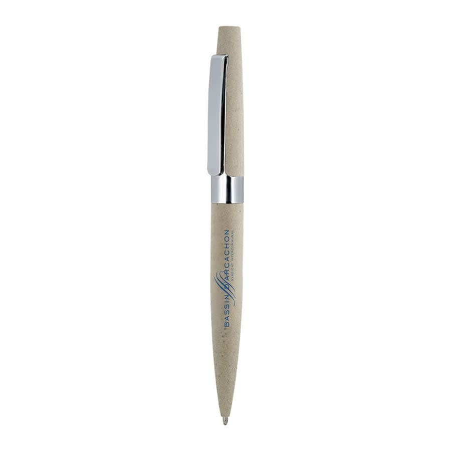 A metal ball pen in grey with a silver clip and branding. Simple and sleek design for writing.