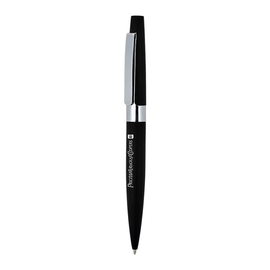 A black metal ballpoint pen with a silver clip and branding, designed for writing.