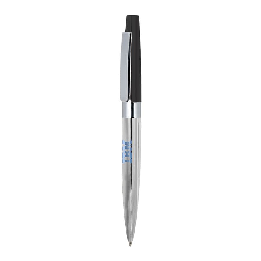 A metal ball pen with a silver barrel and black cap, featuring a logo on the barrel.