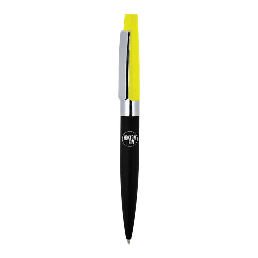 A black metal ball pen with a chrome clip and a bright yellow cap, featuring a logo.