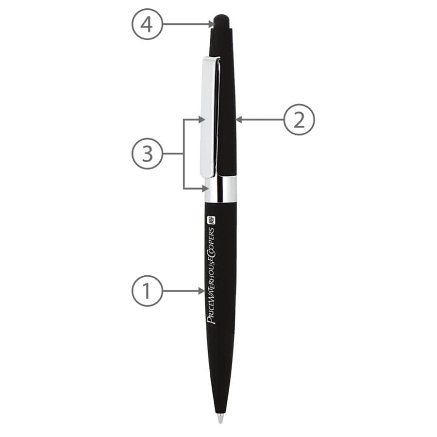 A black metal ballpoint pen with a twist mechanism, featuring a silver clip and a logo on the barrel.