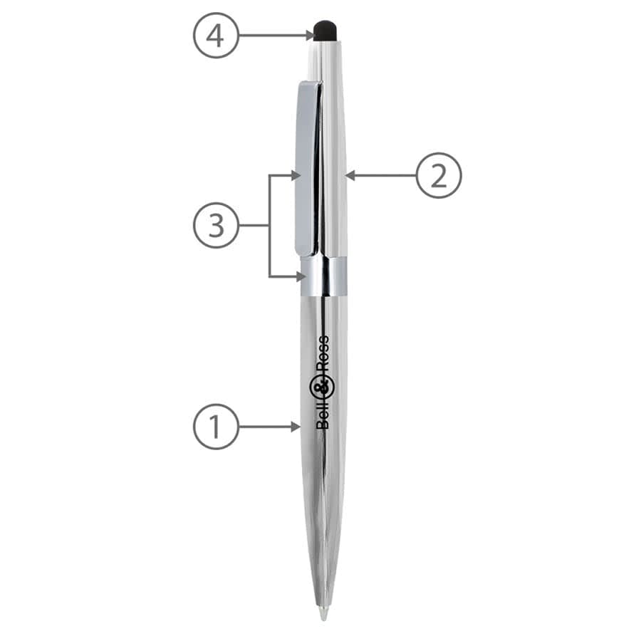 A metallic silver twist ball pen with a stylus tip and a branding logo. Features a sleek design with a clip.