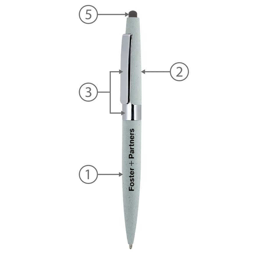 A metal ball pen in a light grey colour with a silver clip and a logo on the barrel.