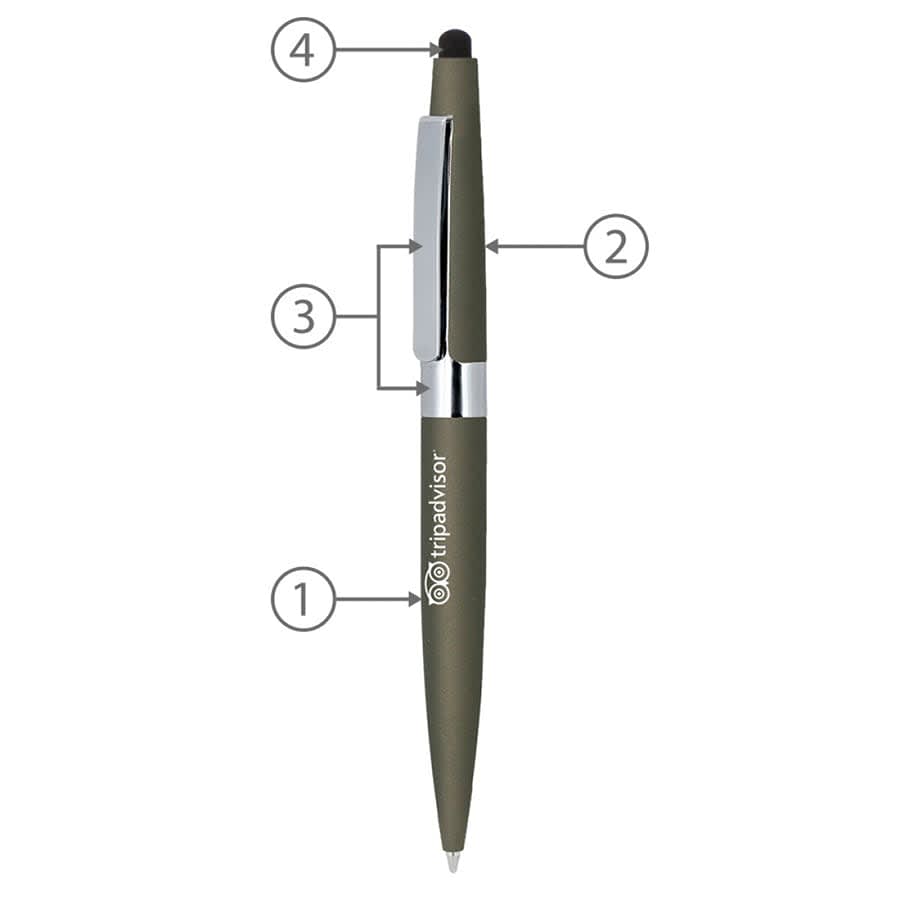 A metal ballpoint pen in olive green with a sleek design and a branding logo.