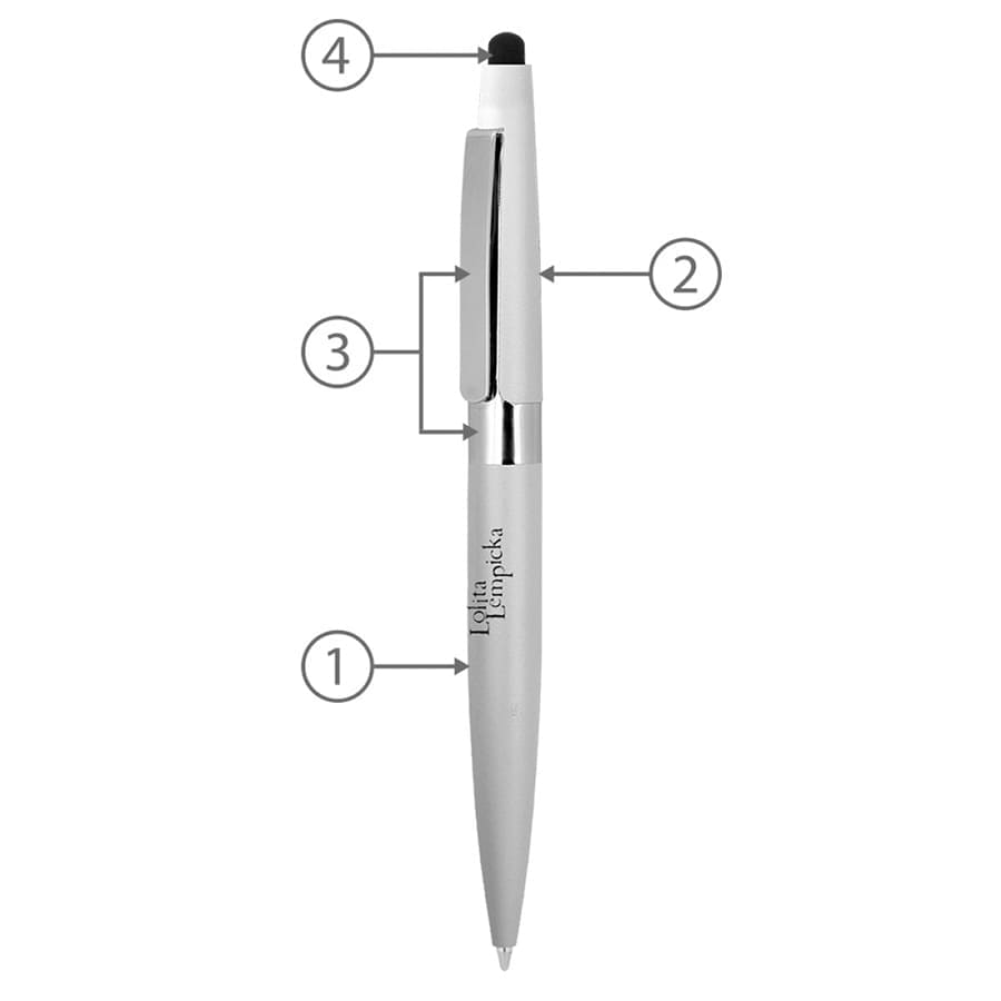 A sleek silver metal ball pen with a twist mechanism and a stylus tip, featuring a clip and branding.