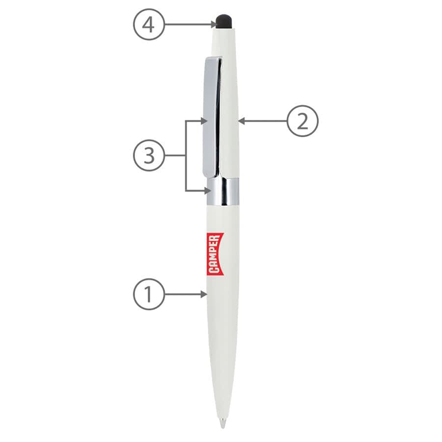 A white metal ballpoint pen with a shiny clip and a rubber stylus tip. It has a logo.