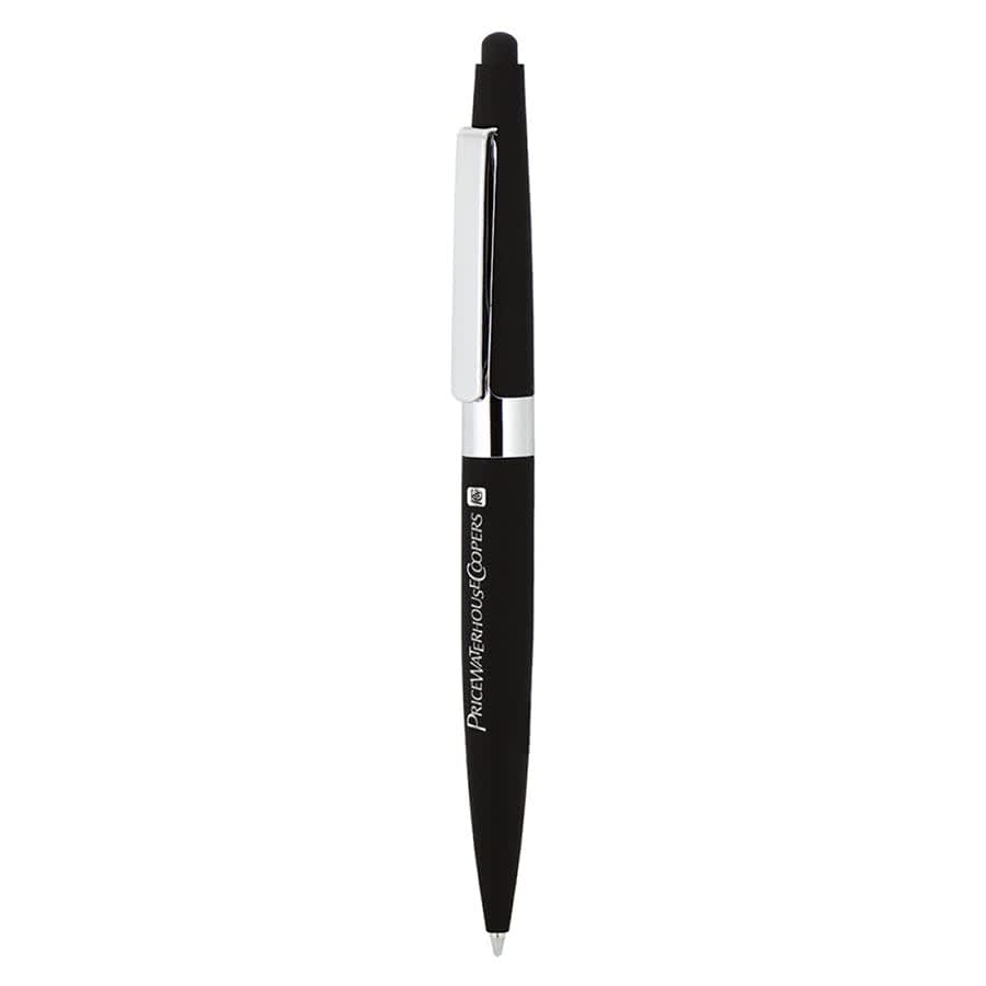 A sleek black metal ballpoint pen with a twist mechanism and a stylus tip, featuring a logo.
