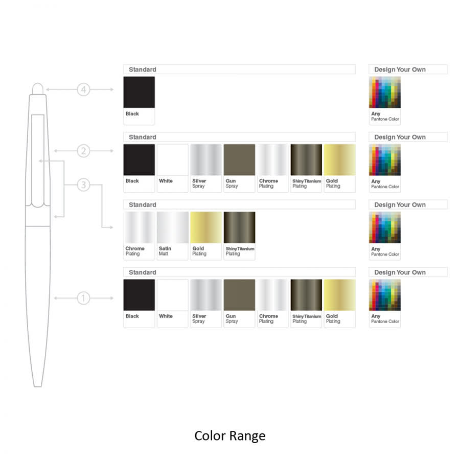 A twist metal ball pen with various colour options including black, white, silver, and gold. Features a logo.