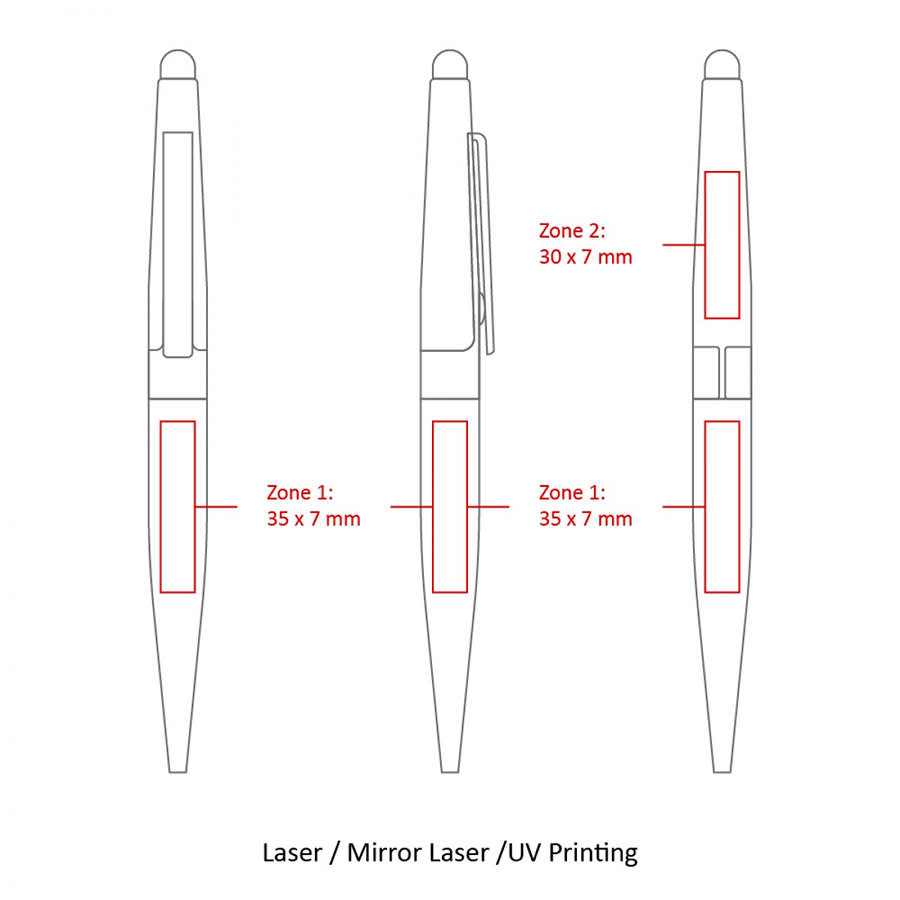 A line drawing of a metal ball pen, featuring zones for laser and UV printing, shown in three angles.