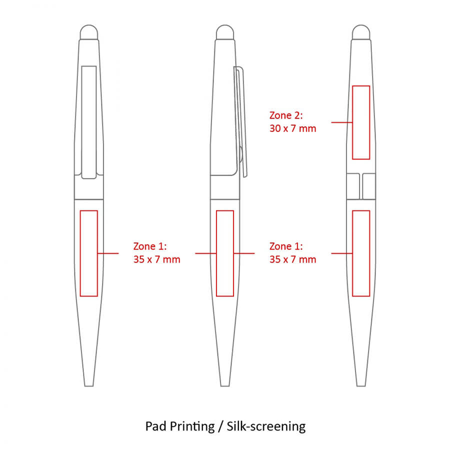 A schematic diagram of a pen featuring a silver twist metal design, with detailed printing zones for branding.