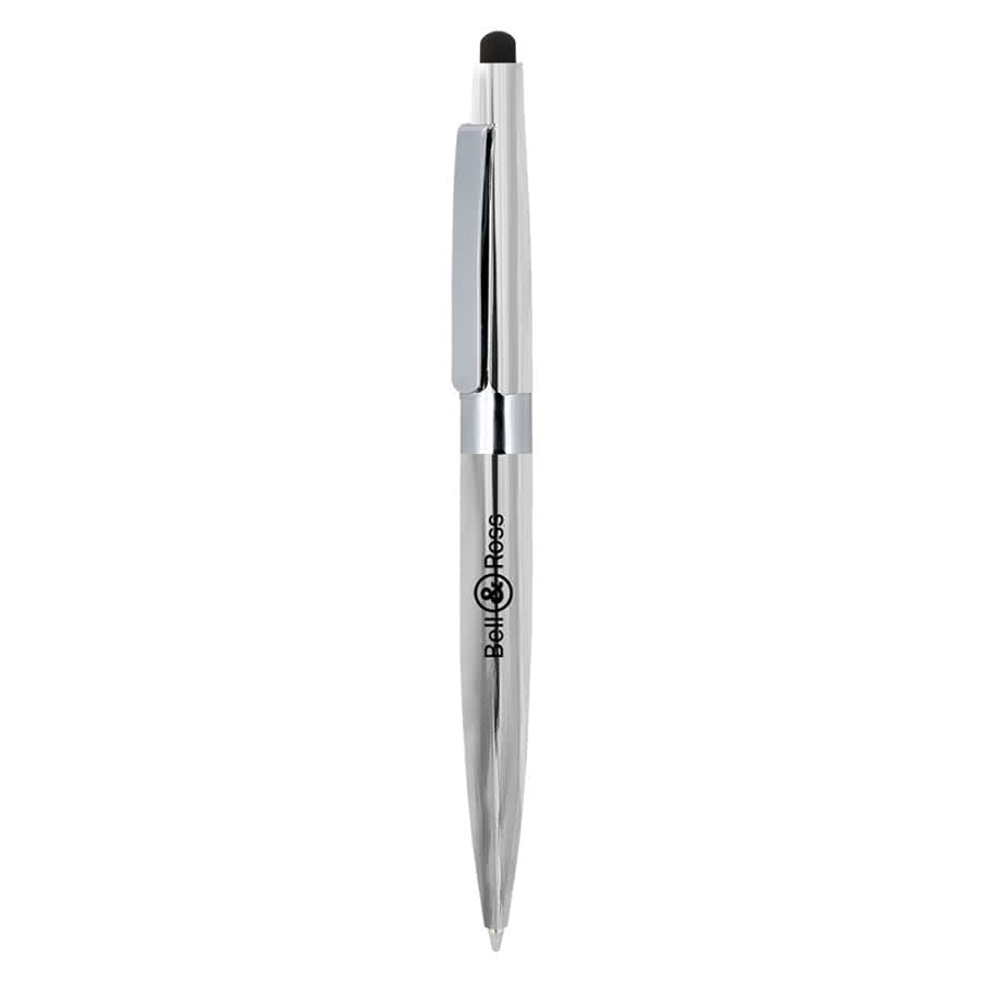 A metallic silver twist ballpoint pen with a stylus tip and a logo.