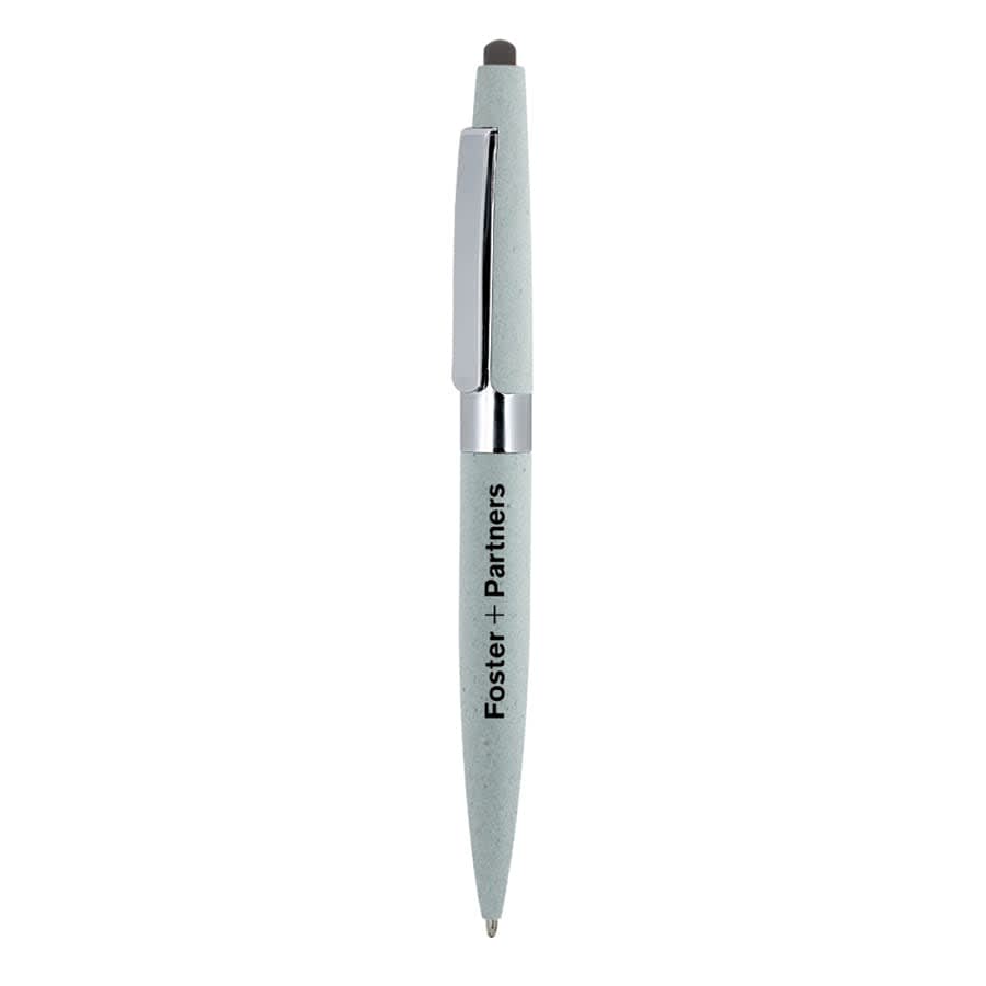 A twist metal ball pen in pale green, featuring a silver clip and a branding logo.