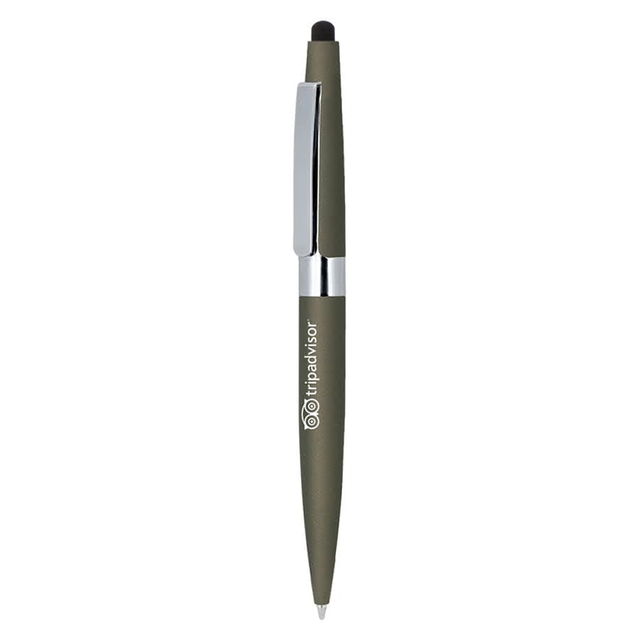 A green metal ball pen with a chrome clip and a stylus tip, featuring a logo on the barrel.