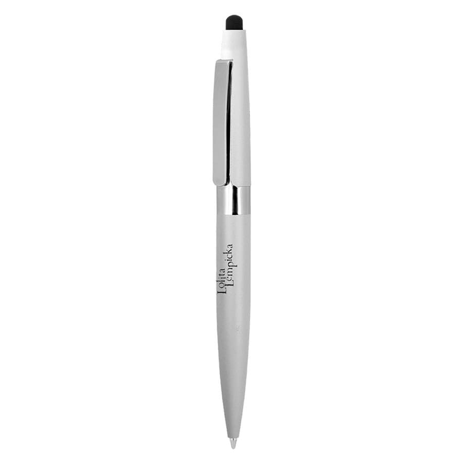 A metal ballpoint pen in silver, featuring a twist mechanism and a stylus tip, with a branding logo visible.