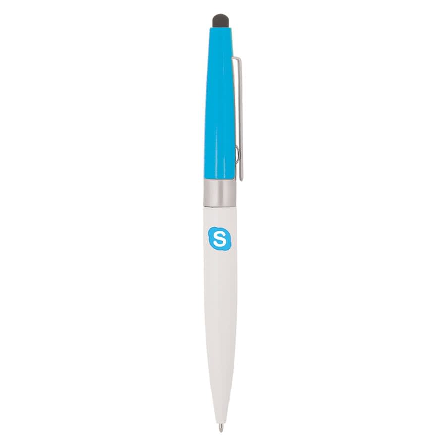 A twist metal ball pen with a white barrel, blue cap, and a branding logo. Features a stylus tip.