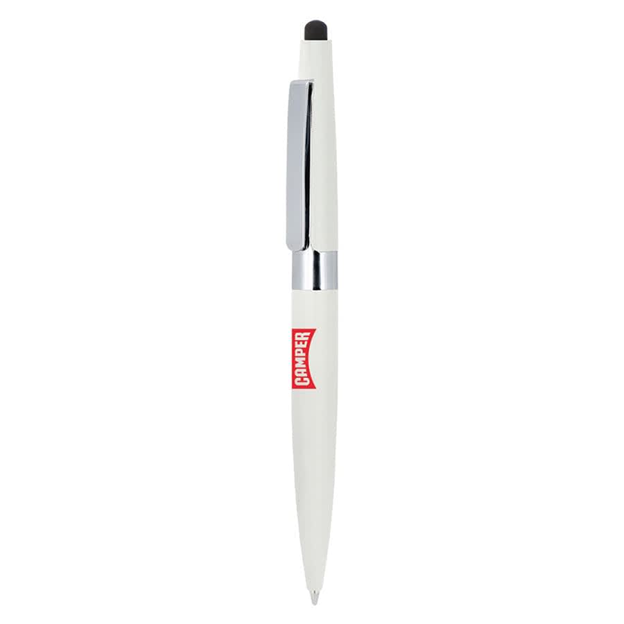 A white metal ball pen with a twist mechanism, featuring a touch stylus and a small logo.