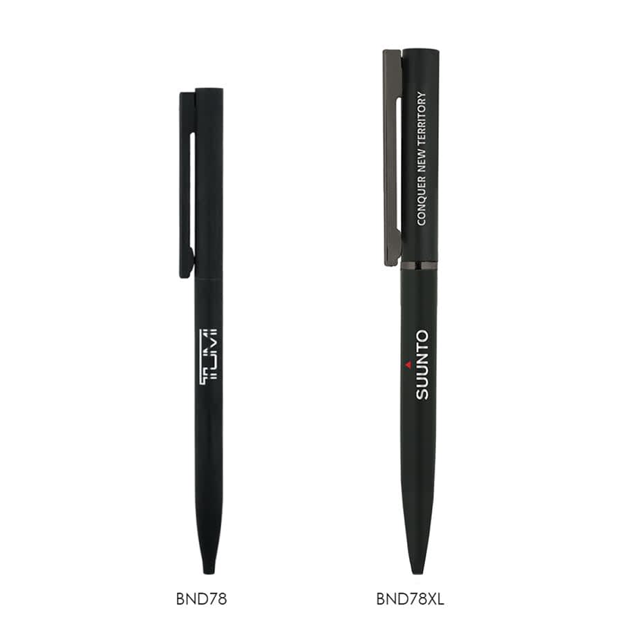 A black twist metal ball pen, featuring a sleek design and a logo on the side.