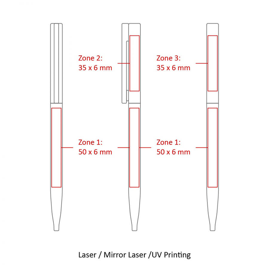 A metal pen design featuring three zones for printing, with a sleek and thin twist mechanism. The pen is shown in a detailed outline.