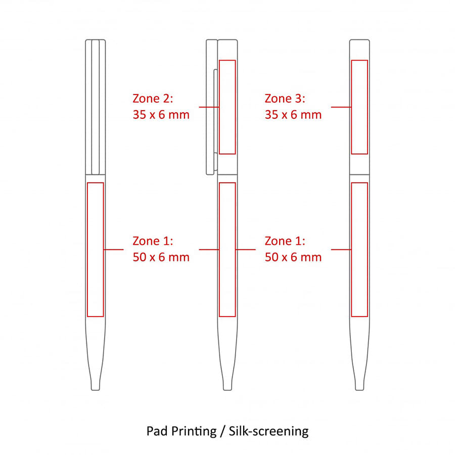 A metal ballpoint pen with a thin twist design, featuring multiple zones for printing specifications.