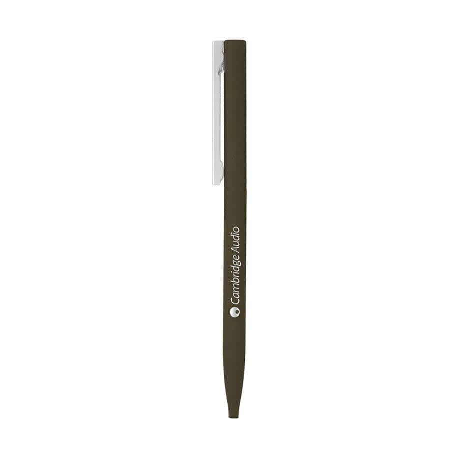A slim, dark green metal ballpoint pen with a silver clip and branding on the barrel.