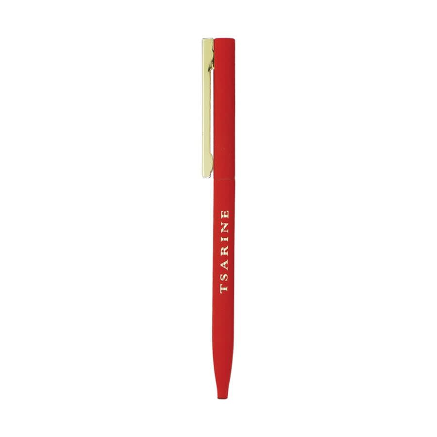 A thin twist metal ball pen in vibrant red with a gold clip and branding.