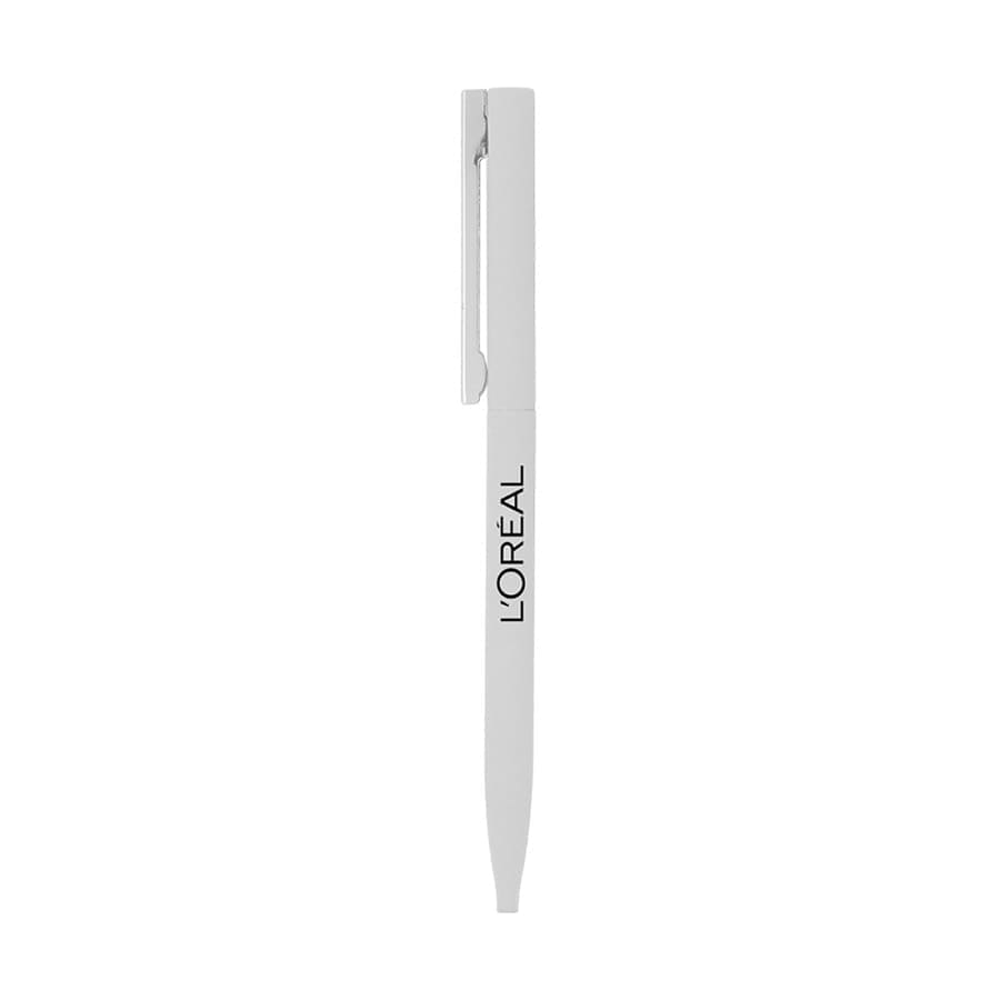A thin white metal ball pen with a clip and a branding logo on one side.