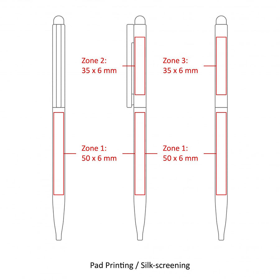 A diagram featuring the dimensions for printing zones on the BND78S SARI Stylus, Thin Twist Metal Ball Pen, with a sleek design.
