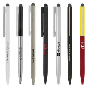 A collection of eight metal stylus pens in various colours and styles, featuring several logos.