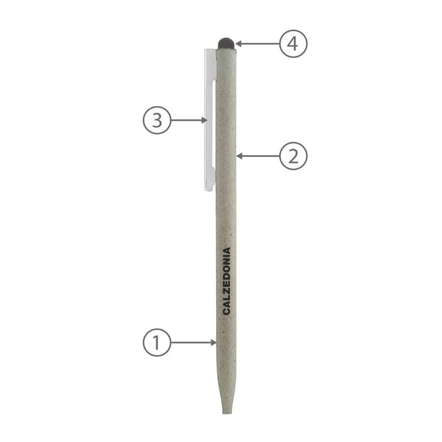 A thin, grey metal ball pen with a clip and stylus tip, featuring a branding element.