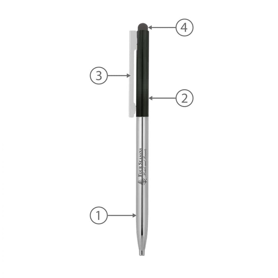 A thin twist metal ball pen in silver and black, featuring a clip and a logo.