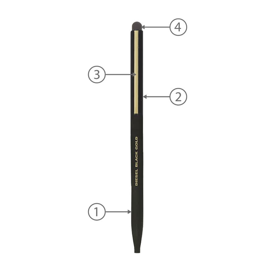 A thin black metal ballpoint pen with a gold accent and a stylus tip, featuring a logo.