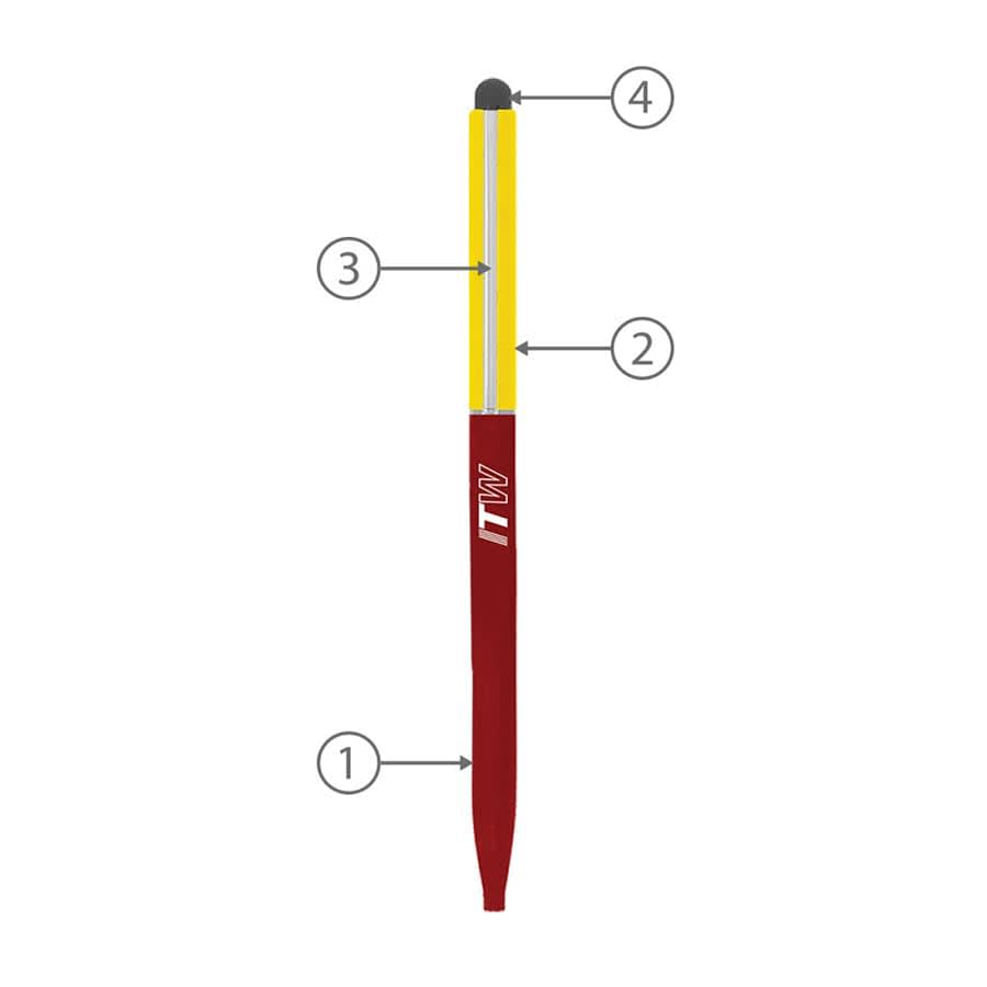 A thin twist metal ball pen in red and yellow with a stylus tip, featuring a logo on the body.