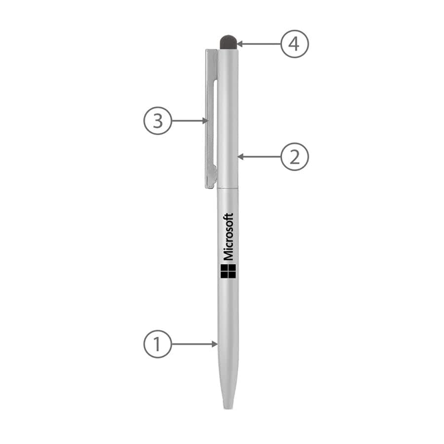 A sleek silver metal ballpoint pen with a stylus tip and a clip, featuring a logo on the side.