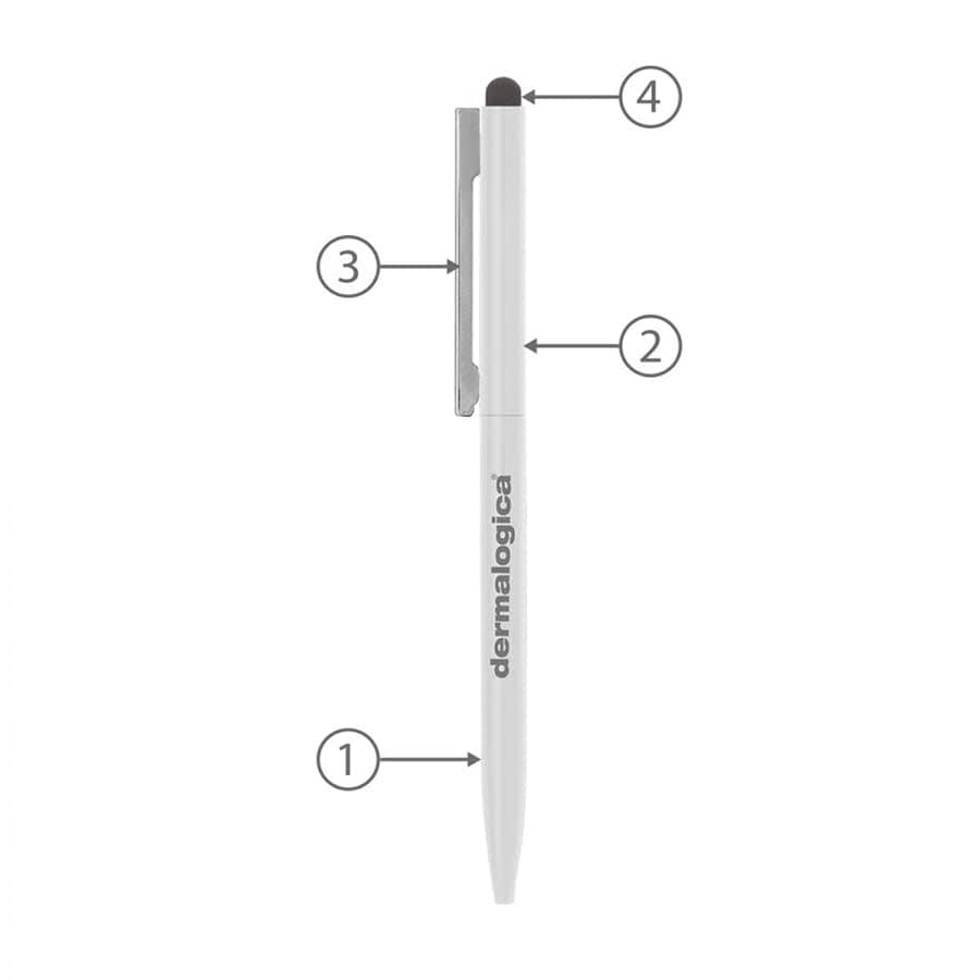 A thin, white metal ballpoint pen with a stylus tip, featuring a clip and branding.