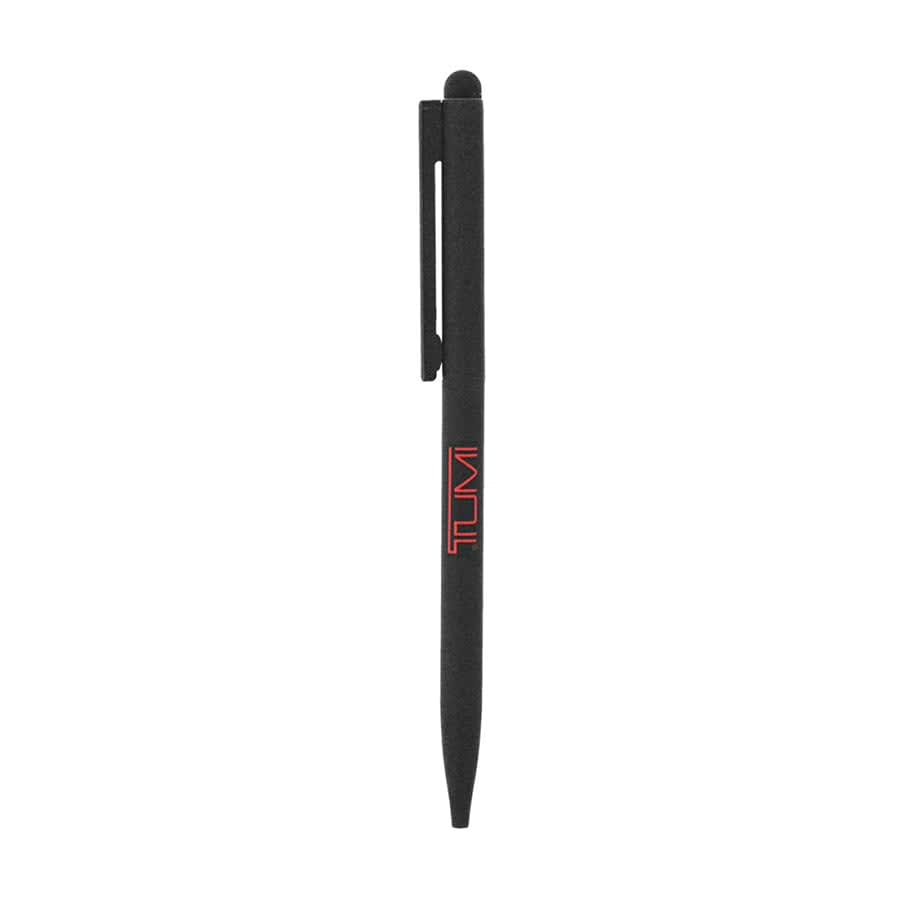 A black metal ballpoint pen with a stylus tip and a clip, featuring a logo.