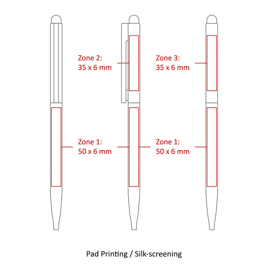 A diagram of the BND78S SARI stylus, detailing three printing zones on a thin twist metal ball pen in multiple views.