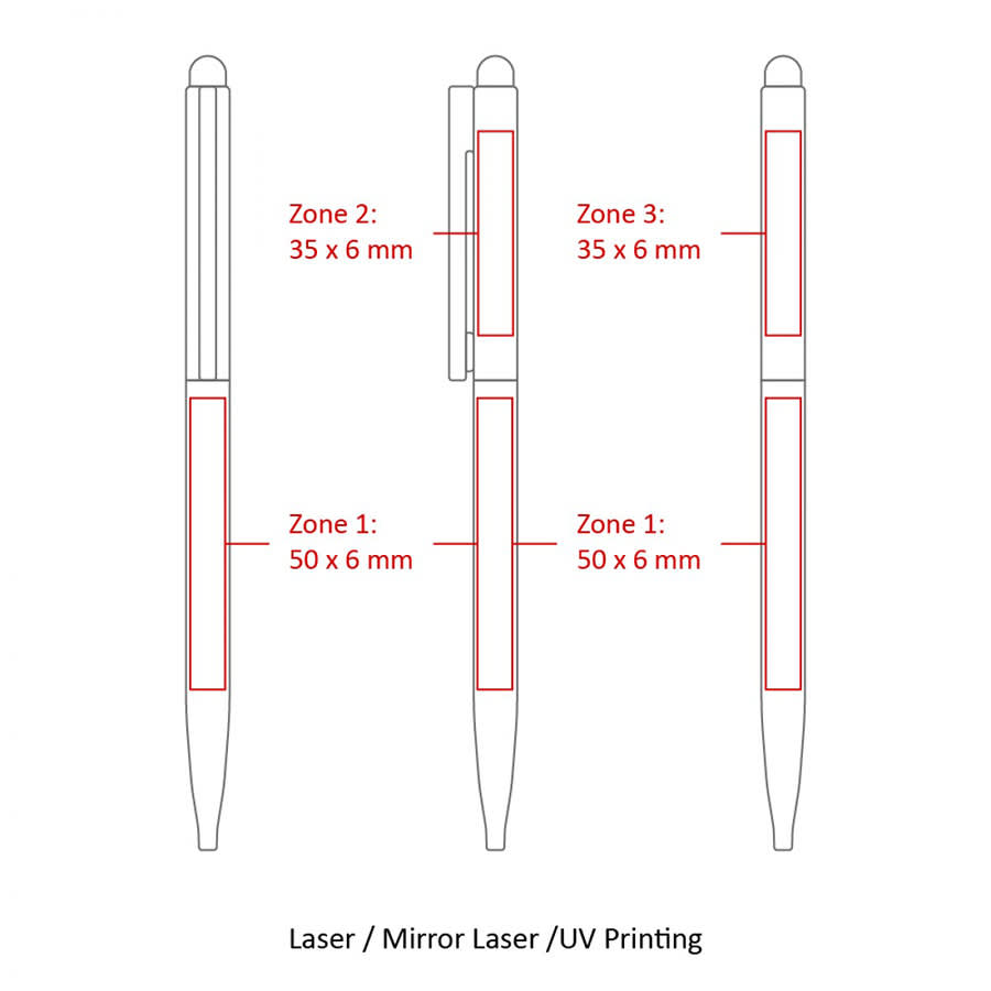 A thin twist metal ball pen in various views, featuring multiple branding zones for custom printing.