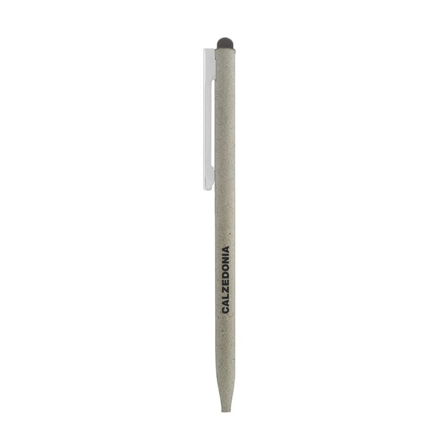 A thin metal ballpoint pen in grey with a clip, featuring a soft touch stylus at the top and a logo.