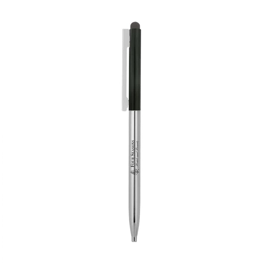 A thin twist metal ball pen with a silver barrel and dark green grip, featuring a logo.