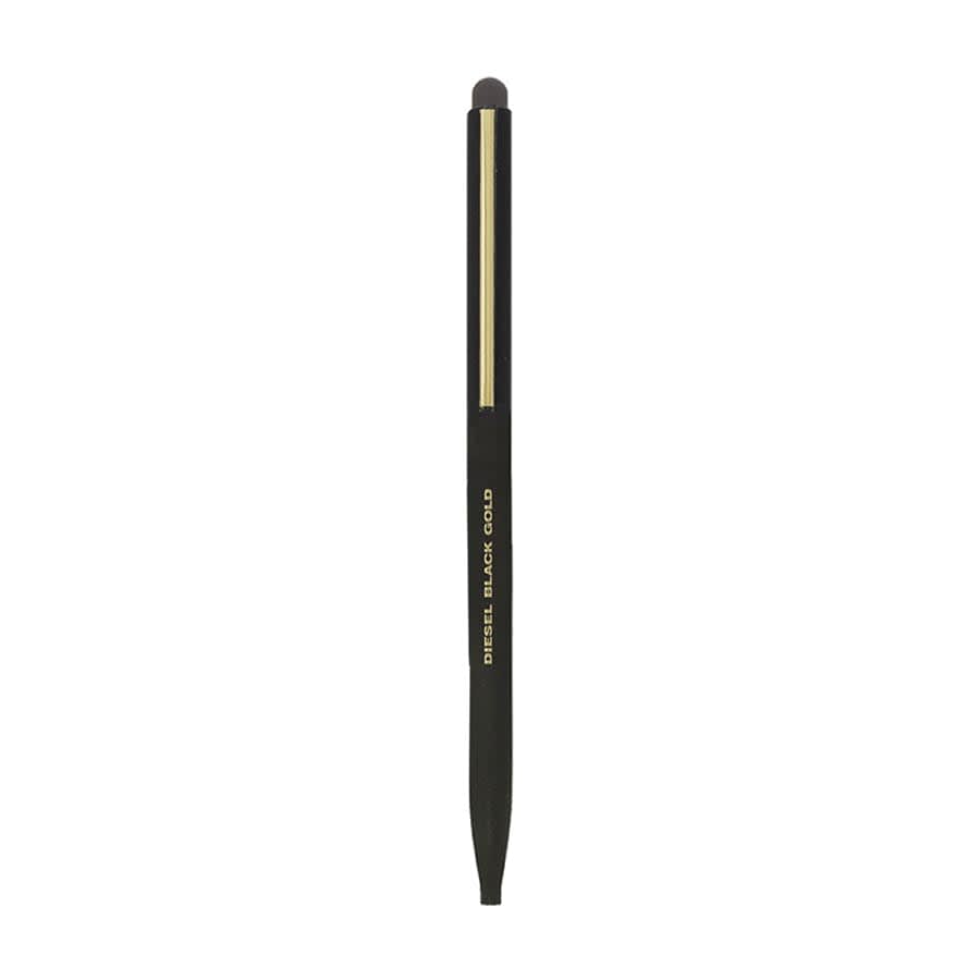 A thin black metal stylus and ballpoint pen with a gold accent and a rubber tip for touchscreens.