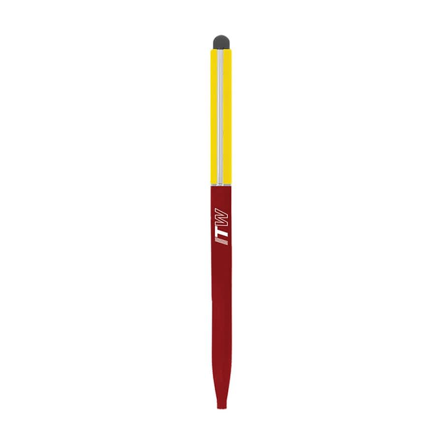 A thin metal ball pen featuring a red body and yellow accents, with a stylus tip and a logo.