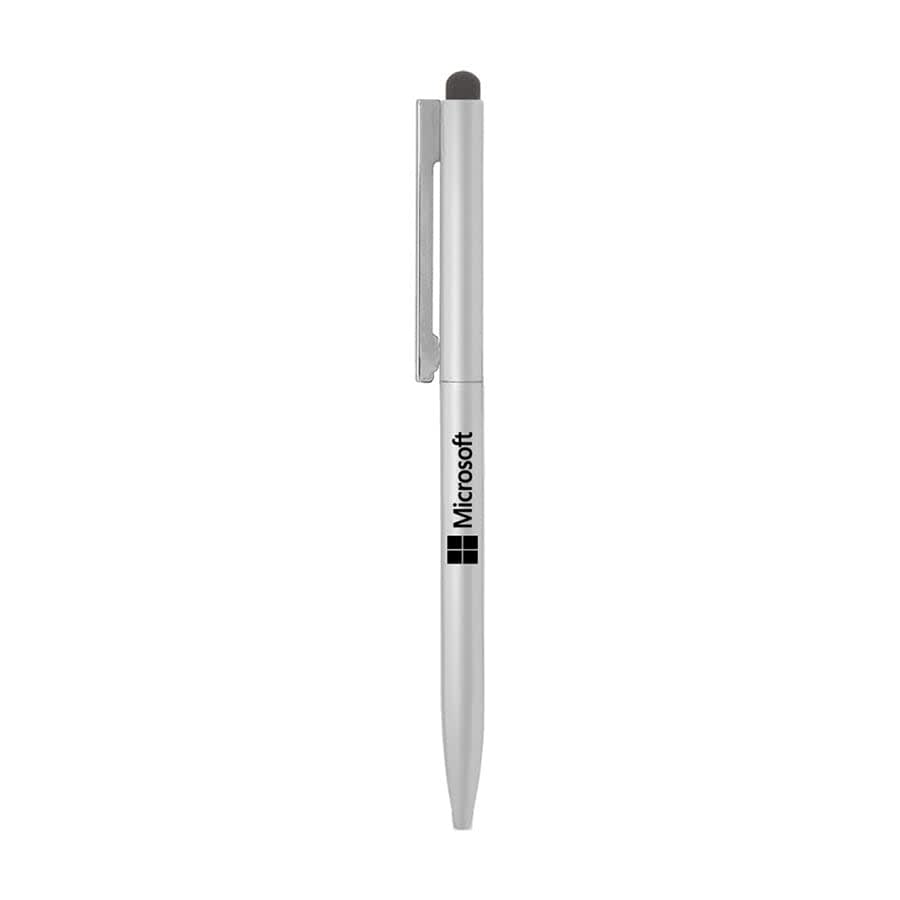 A metallic silver stylus ball pen with a clip and logo, featuring a thin twist design.
