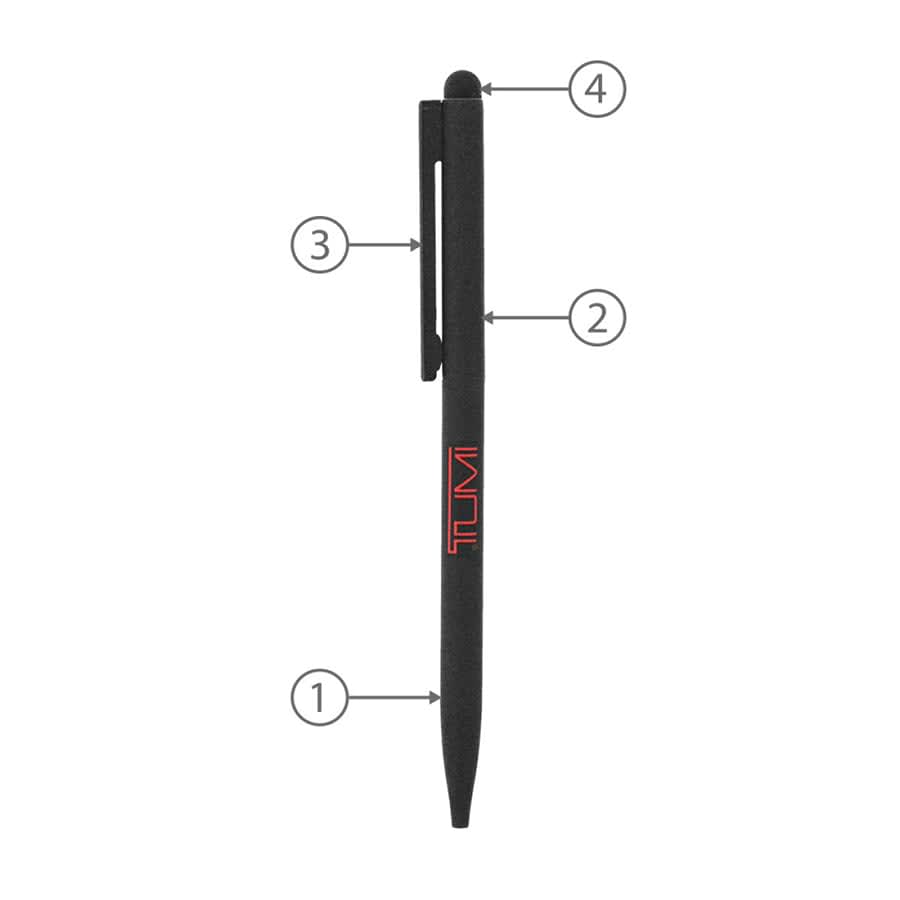 A thin black metal ball pen with a clip and a stylus tip, branded with a logo.